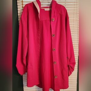 Susan Graver Hooded Jacket Pink 2X Roll Tab Sleeves Wood Buttons Lightweight